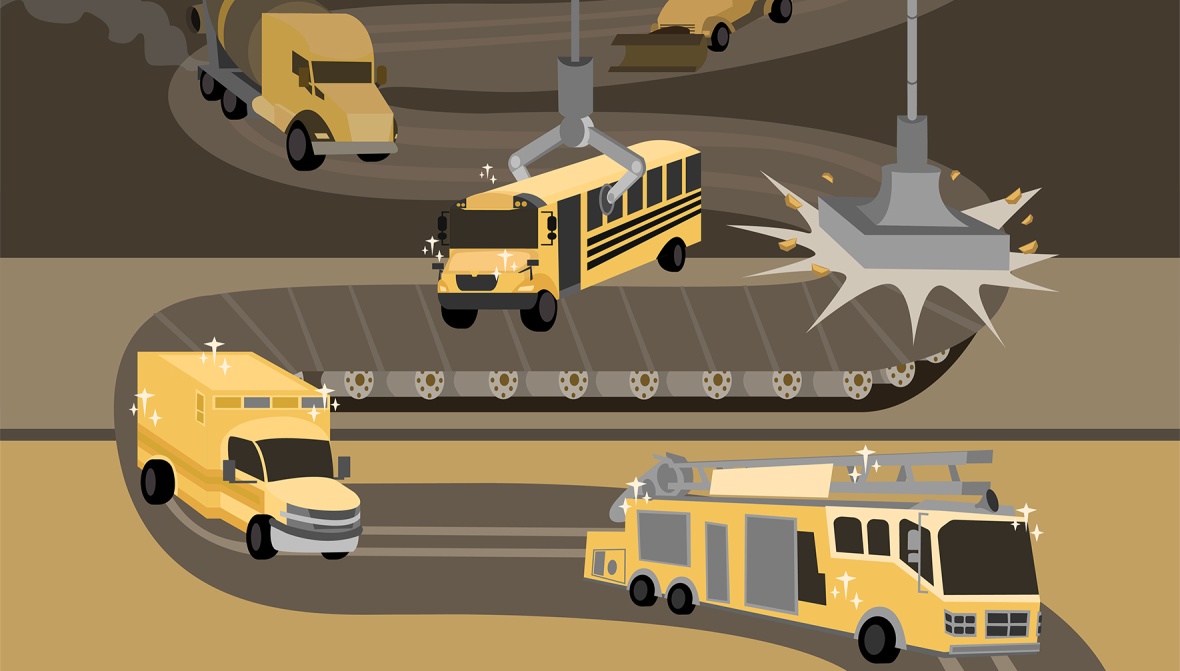 Illustration of cars, trucks and buses.