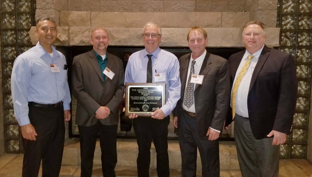 The National Reclamation award was presented to Tech American Corporation on May 8, 2019, in Tuscon. Pictured, from left to right, are Fernando Martinez (New Mexico) Interstate Mining Compact Commission Executive Committee Chairman, Larry Lehman, MoDNR Land Reclamation Program, Dave Enos, Teck American Inc., Bill Zeaman MoDNR Land Reclamation Program, and Thomas Clarke, Interstate Mining Compact Commission Executive Director.
