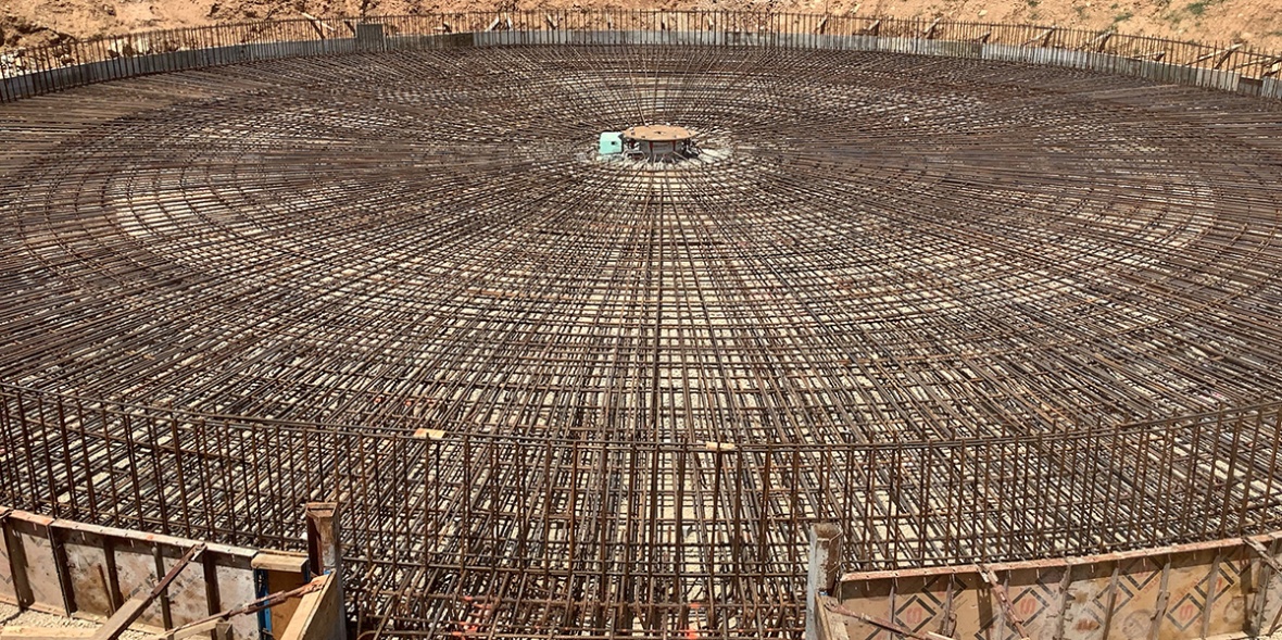 These reinforcing bars are part of the concrete foundation for one of the two 75-foot wide final clarifiers at the Perryville wastewater treatment site. The final clarifiers follow the oxidation ditch in the treatment process and will remove suspended solids using gravity settling.