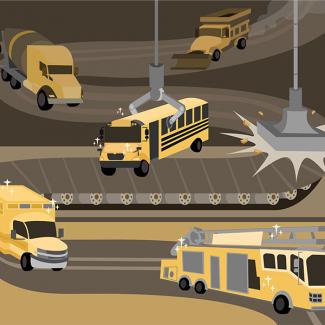 Illustration of cars, trucks and buses.