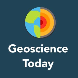 Circular icon of the earth and its core with the text geoscience today below.