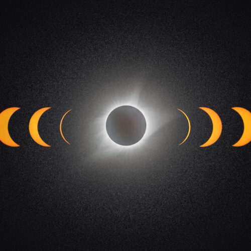 A photo illustration showing the progression of the eclipse as the moon passes in front of the sun. In the middle is an image totality. A ring of bright whispy light surrounds the silhouette of the moon.