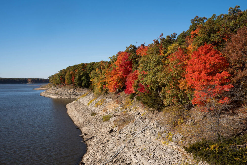 A wide view of the rocky banks of Mark Twain Lake. The lake is on the left side of the frame, and the shoreline is on the left. The trees on the shoreline are transitioning to fall foliage.