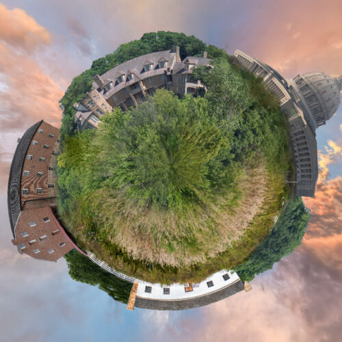 A tiny planet-style image of several state parks and historic sites from around Missouri.