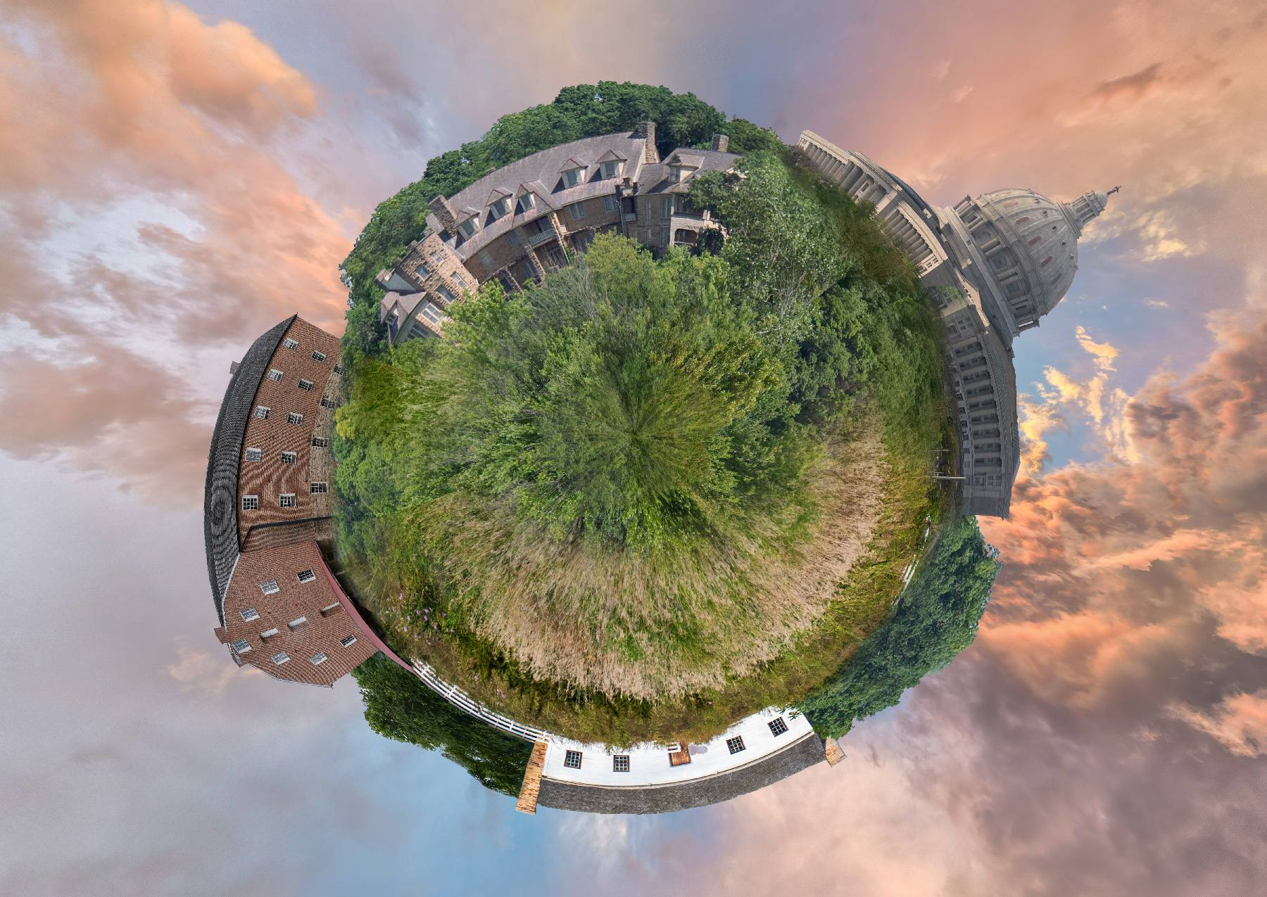 A tiny planet-style image of several state parks and historic sites from around Missouri.