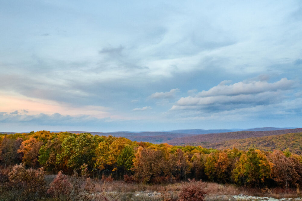 A wide view of rolling mountains covered in trees that are transitioning to fall. The sky is cloudy.