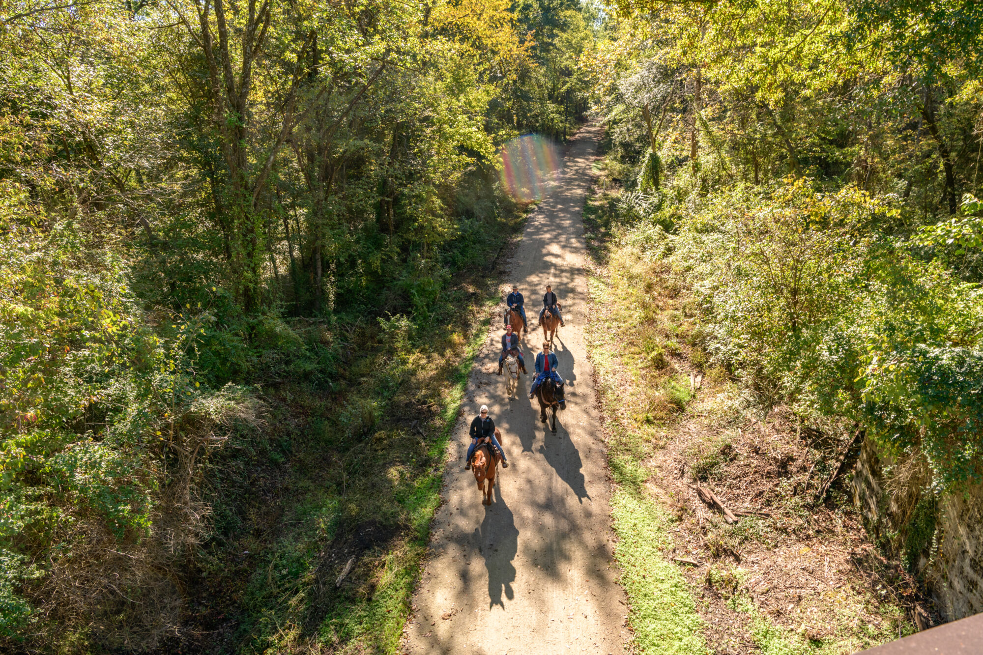 A overhead image of a group of five people on horseback on a trail.