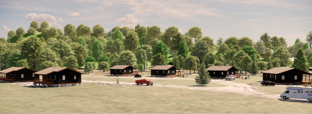 A 3D architectural rendering of cabins.