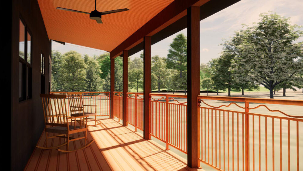 A 3D architectural rendering of the porch of a cabin. There are two rocking chairs on the left.