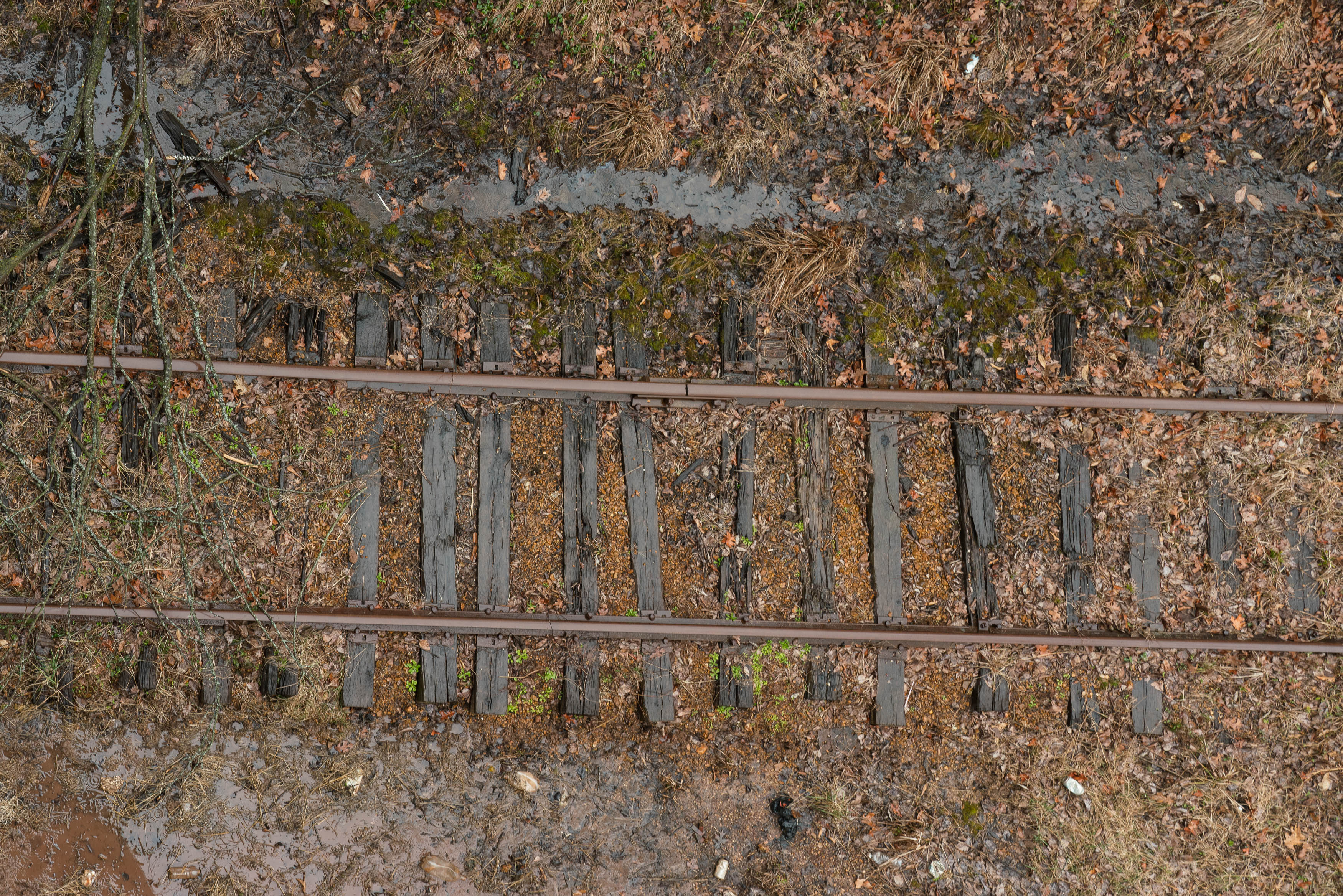 An overhead shot of railroad tracks.