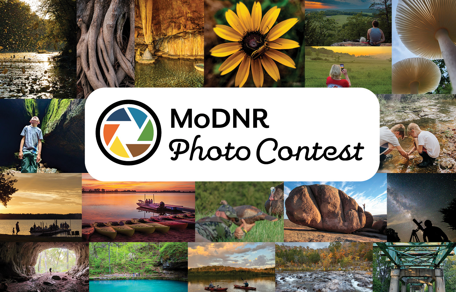 A collage of photographs. In the middle of the collage is a logo that says "MoDNR Photo Contest"