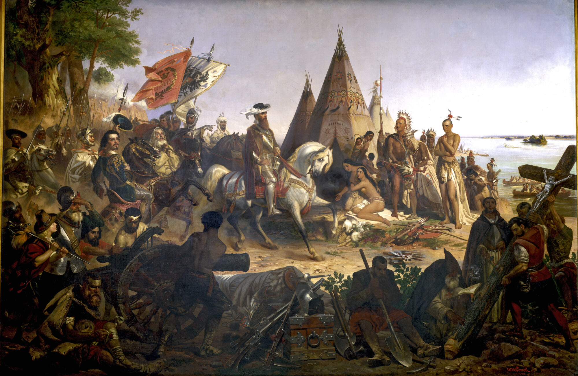 Photo of a painting depicting a man riding a horse among a crowd.