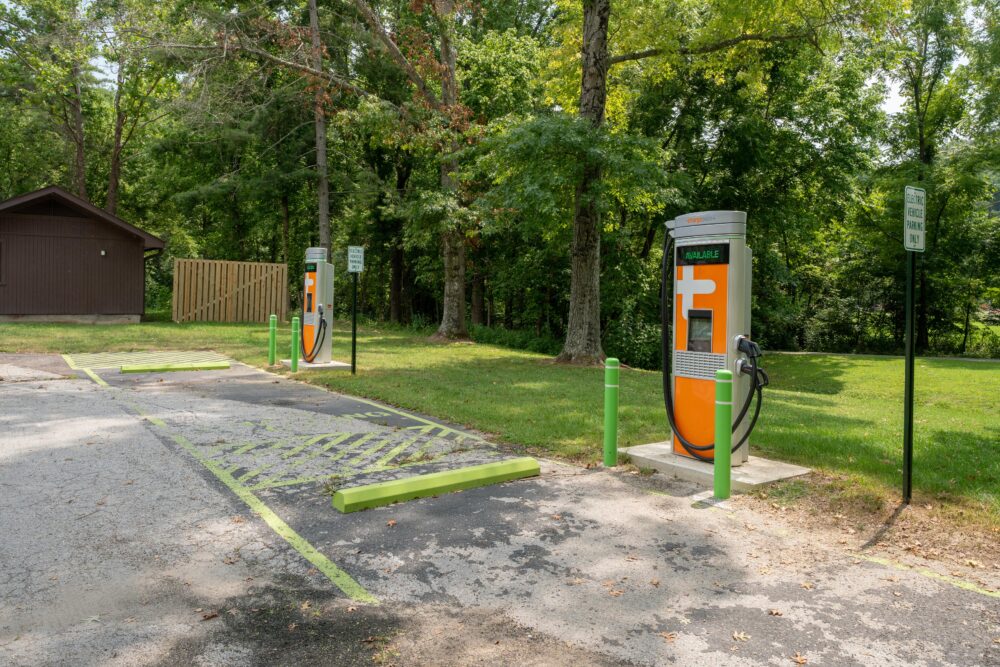 Photo of a row of electric vehicle charging stations.