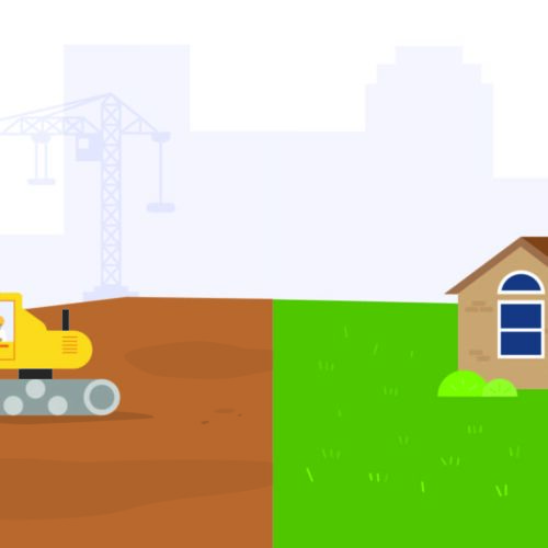 Graphic with clip art construction vehicles digging on one half and clip art homes with solar panels being installed on the other half.