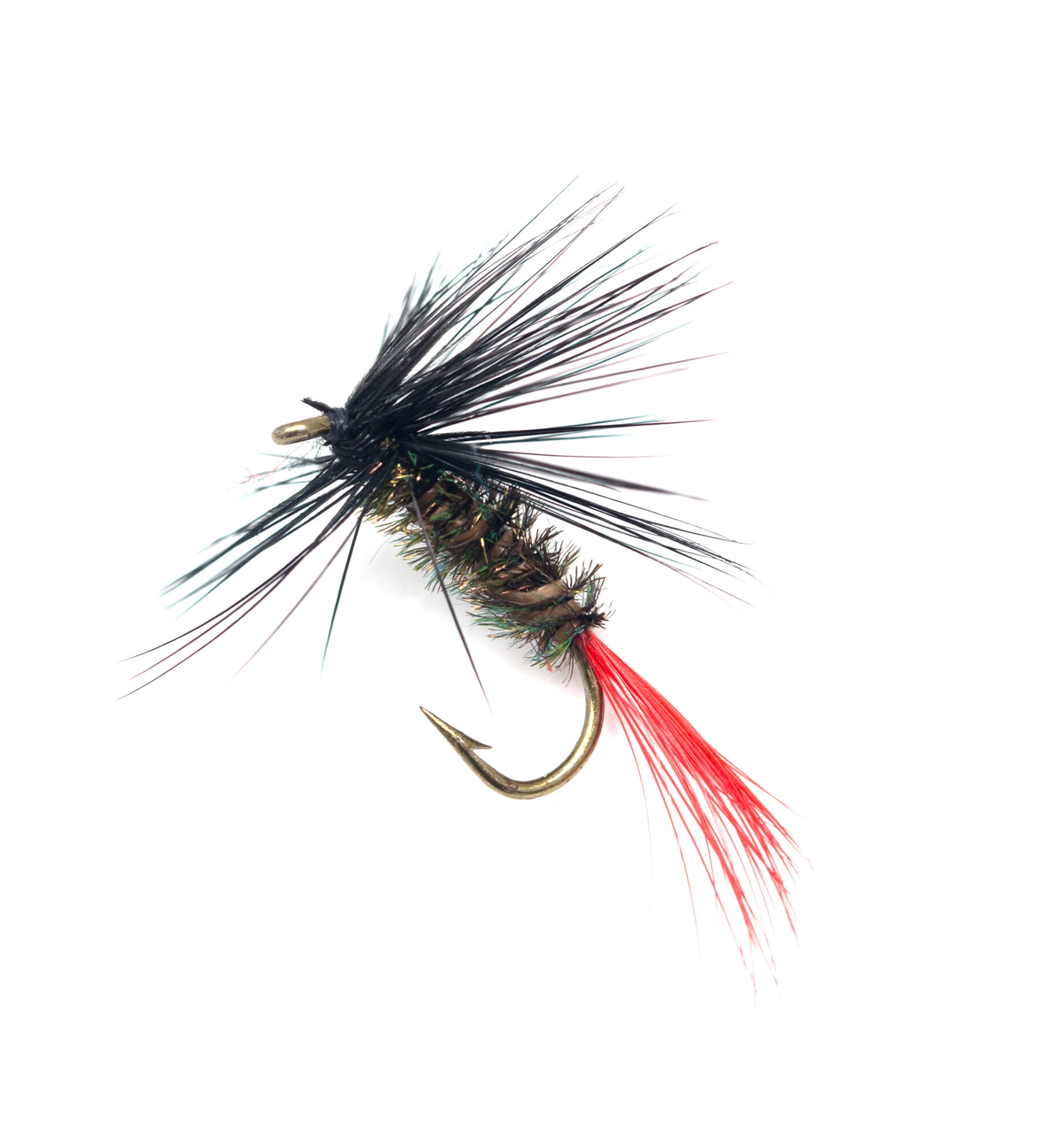 Fish hook wrapped with feather and twine details to create a "fly"
