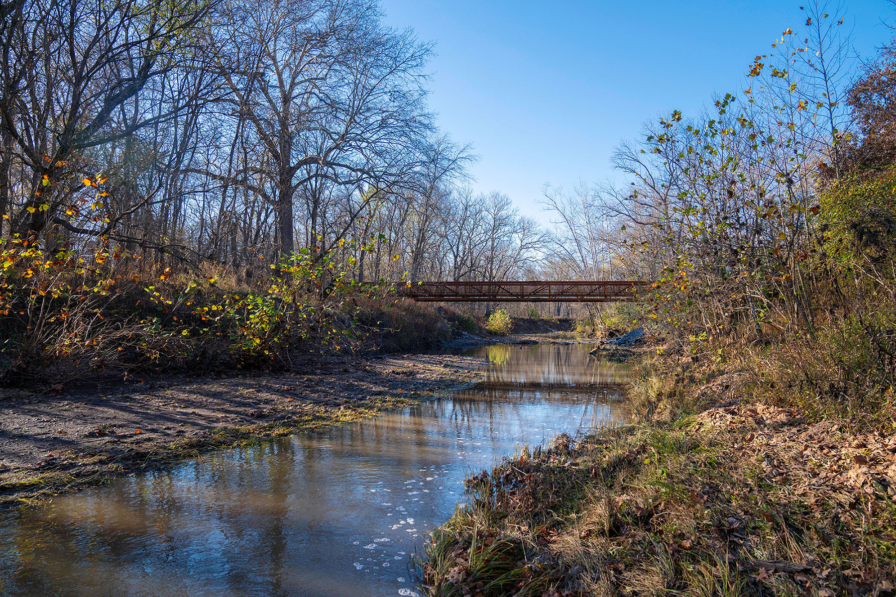 A bridge over a creek connecting a trail.