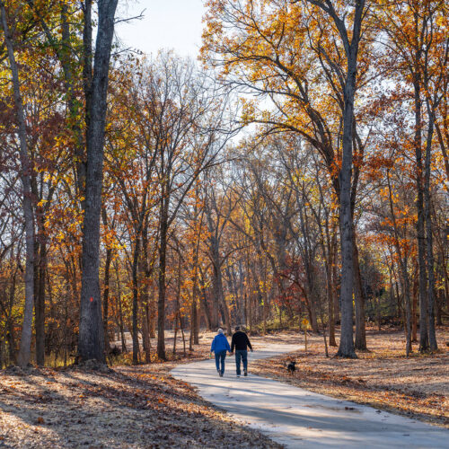 Two people walk along a concrete path through a wooded area. The trees are changing to their fall foliage.