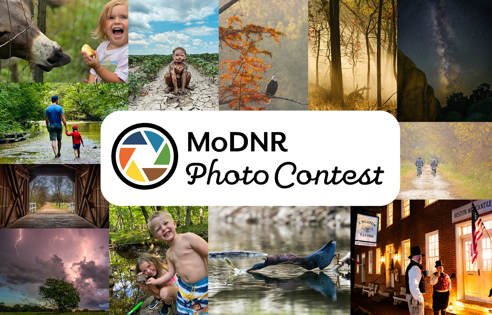 A collage of photographs. In the middle of the collage is a logo that says "MoDNR Photo Contest"