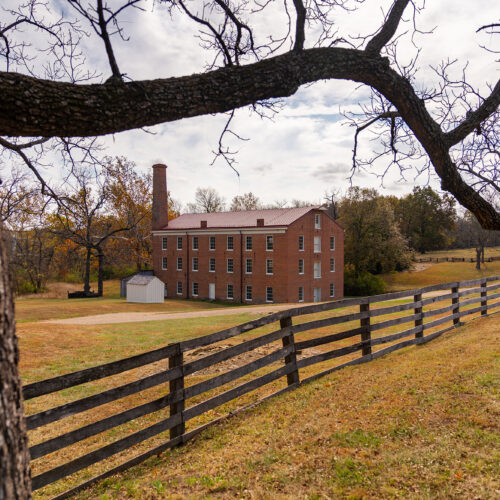 A large old tree and wooden slat fence frame a large brick four story building in the background.