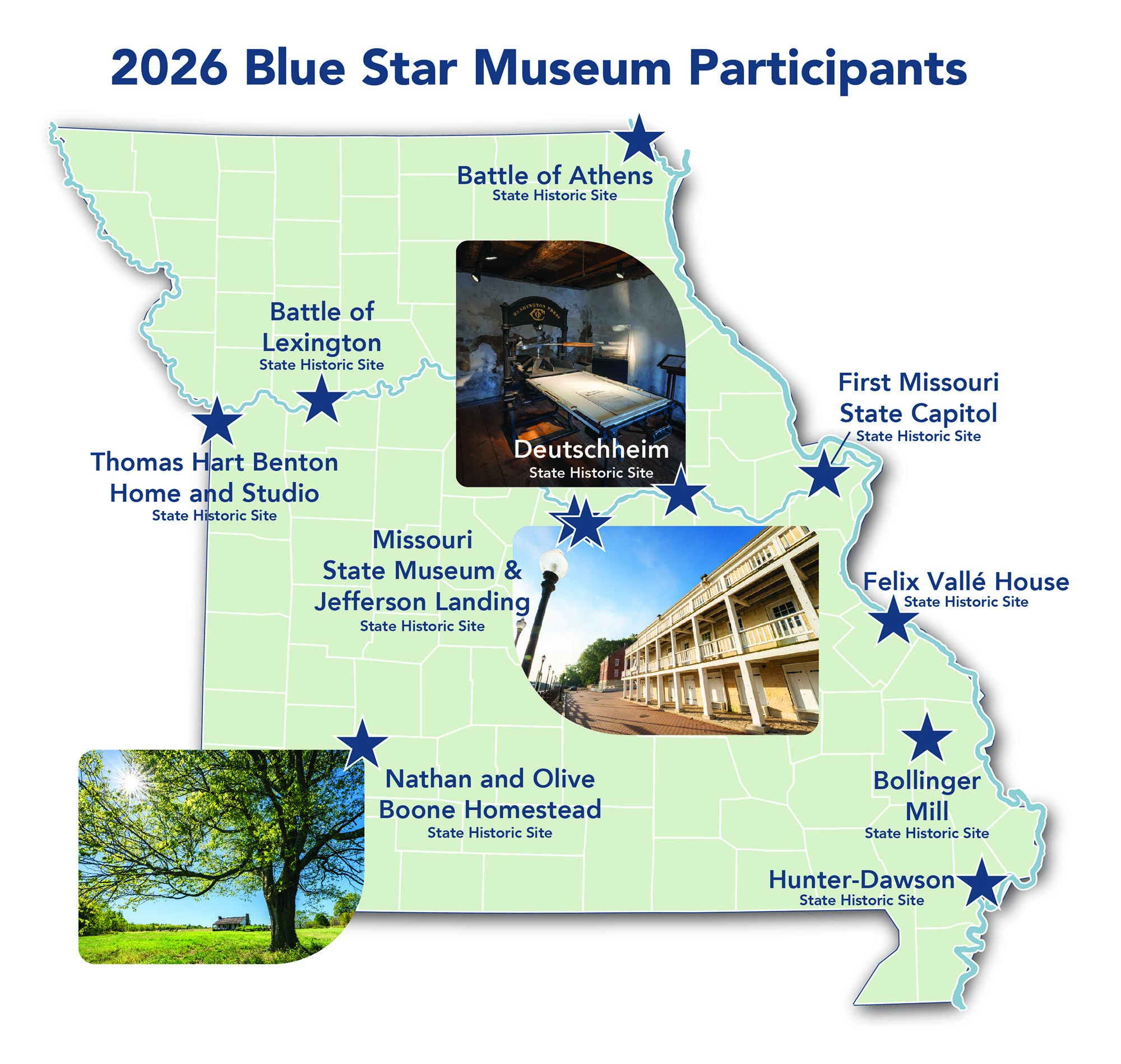 A map of Missouri showing the locations for the participating Blue Star Museums in 2026. From North to South: Battle of Athens, Battle of Lexington, Thomas Hart Benton Home Studio, First Missouri State Capitol, Deutschhiem, Missouri State Museum, Jefferson Landing, Felix Vallé House, Nathan and Olive Boon Homestead, Bollinger Mill, Hunter-Dawson.