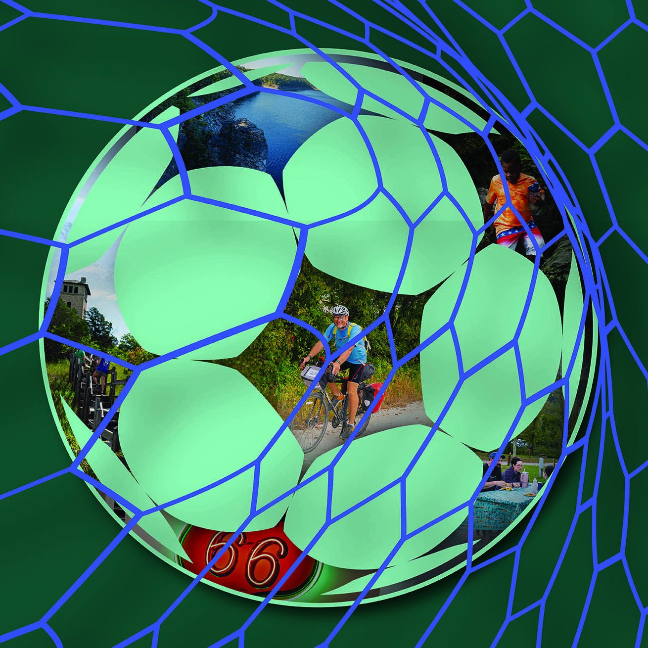 Decorative Soccer ball in net graphic.