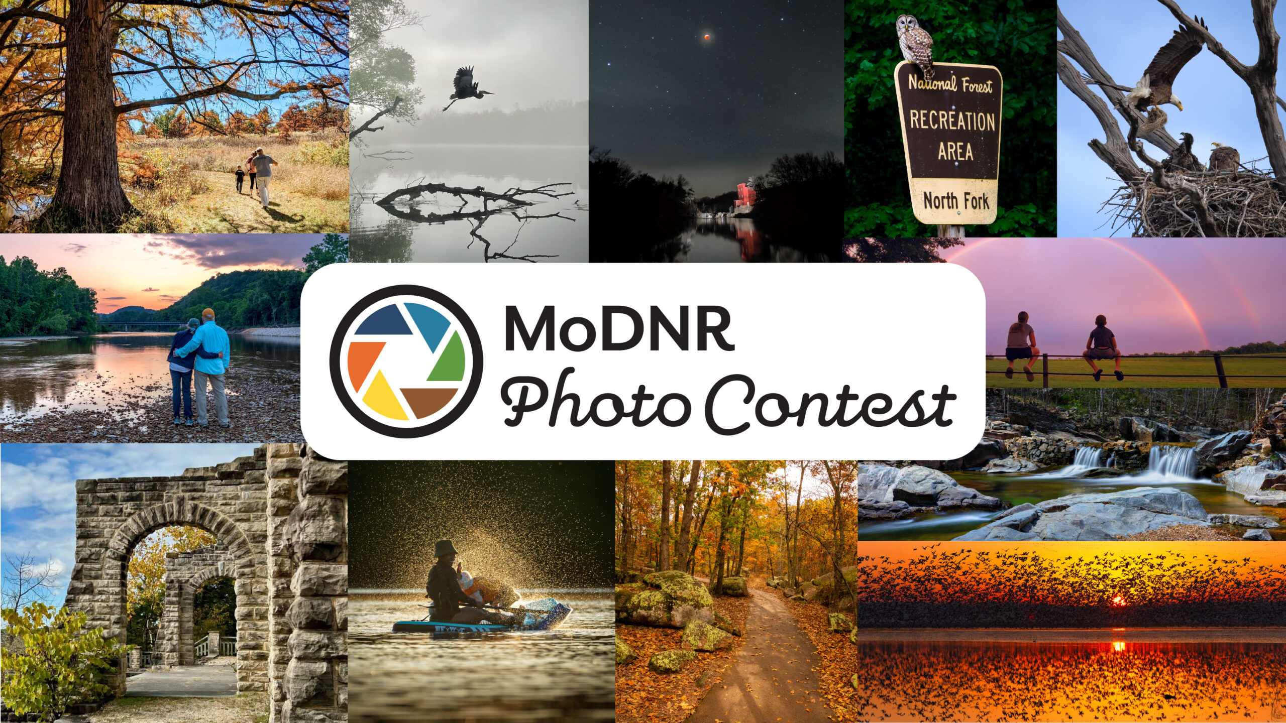 A collage of photographs with a logo in the middle that says, "MoDNR Photo Contest"